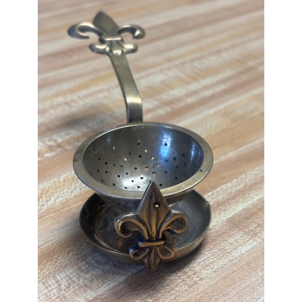 Vintage Fleur De Lis Tea Strainer with Drip Bowl Swivel Infuser Gold Tone